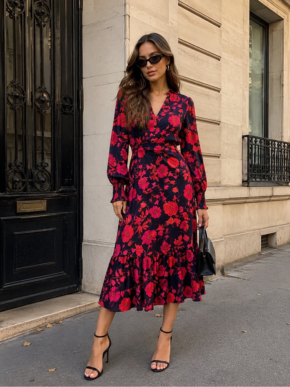 Karl Lagerfeld Black Maxi Dress with Red Floral Print